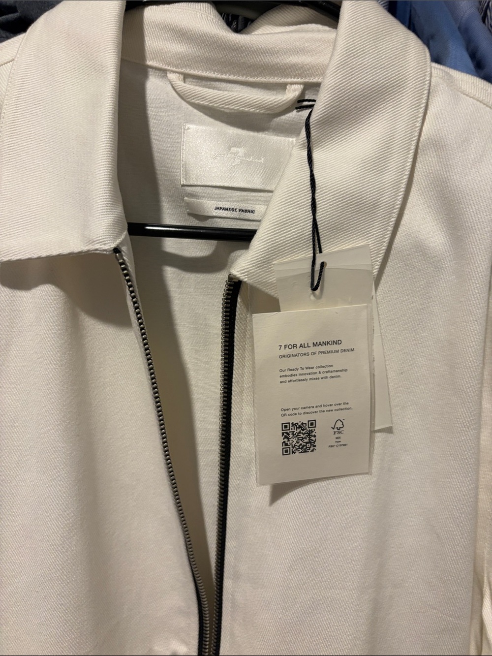 7 For All Mankind White Bomber Jacket with Black Zip Trim